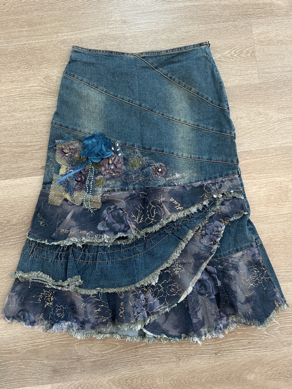 Denim fairy skirt patchwork flowers rose  y2k 90s vintage midi boho western